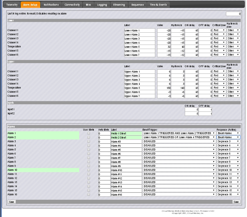 WAM-6 Alarm Setup Page